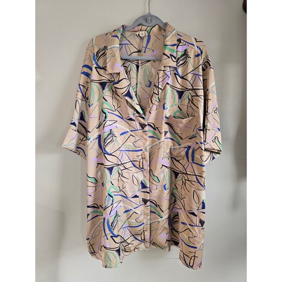 Open Edit Women's Abstract Print Cuff Short Sleeve Button Up Blouse - Picture 1 of 4
